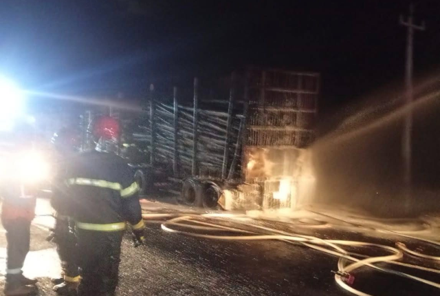 Carreta com eucalipto pega fogo e interdita MS-377 por duas horas