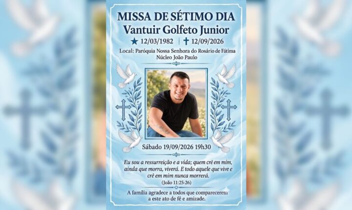 Missa de 7º dia do mecânico Vantuir Golfeto Junior será neste sábado (19) em Apucarana