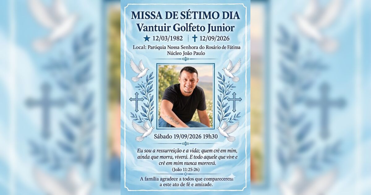 Missa de 7º dia do mecânico Vantuir Golfeto Junior será neste sábado (19) em Apucarana