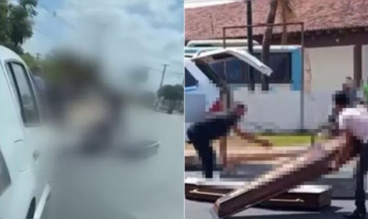 Caixão cai de carro funerário em movimento e assusta moradores no Pará