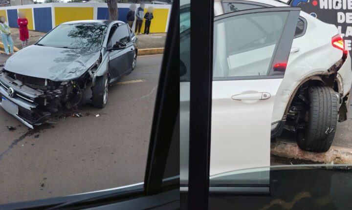 Imagens capturam momento em que carro passa por cima de faixa elevada e atinge BMW em Apucarana