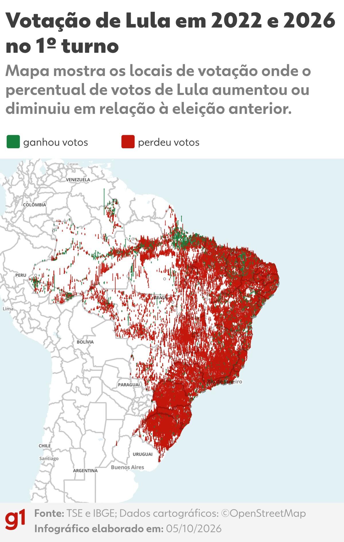 Mapas detalham oscilação de votos: onde Lula recuou e onde Flávio Bolsonaro avançou no 1º turno de 2026
